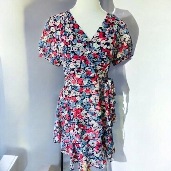 Tahari Womens Navy Vneck Short Sleeve Tiered Multicolor Surplice Dress NEW 2 - Picture 12 of 13